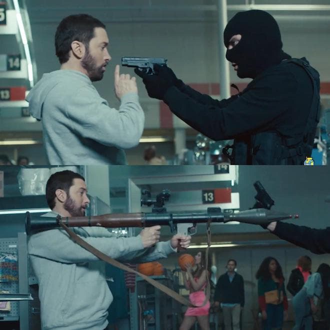 Eminem Holding a Rocket Launcher meme template