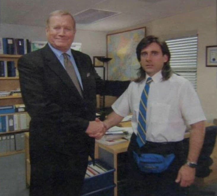 Young Michael Scott Shaking Ed Truck's Hand meme template