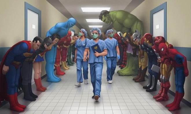 Superheroes Bowing to Doctors meme template