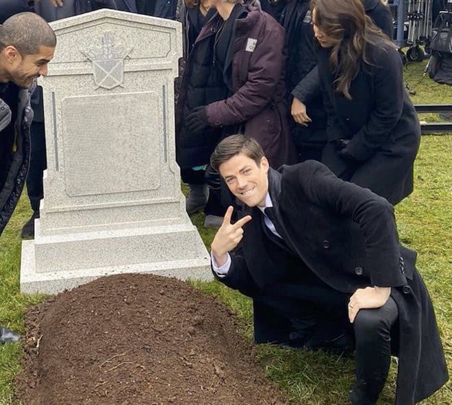 Grant Gustin Next To Oliver Queen's Grave meme template